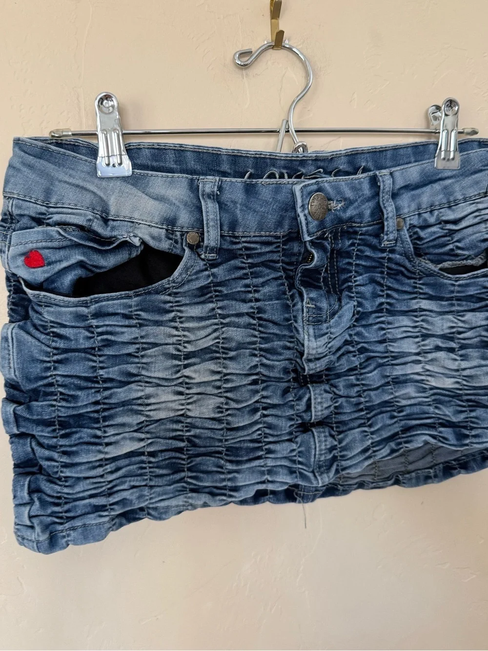 Love LA Ruched Denim Mini Skirt | Size 7 | Y2K Low Rise Micro Mini